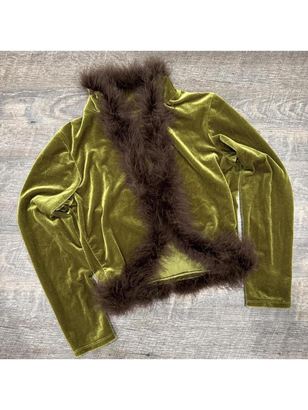 Olive Green Velvet Faux Fur Trim Cardigan